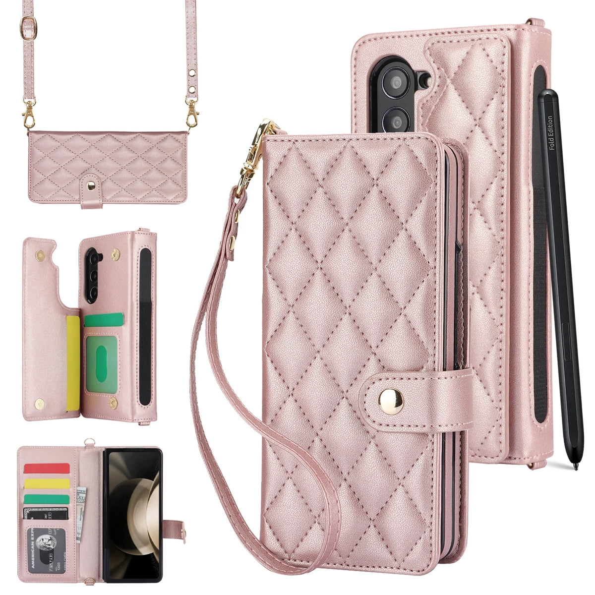 PU Leather Wallet Phone Case with Card Slots and Crossbody Strap T5051