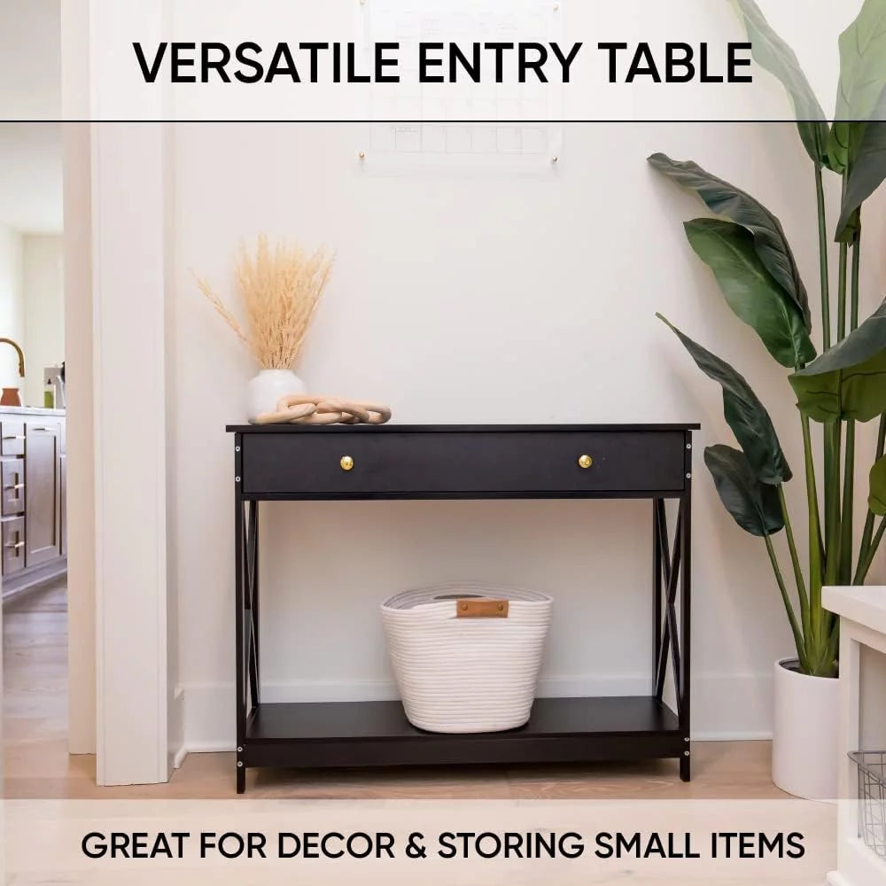 Narrow Wood Sofa Table with Drawer and Shelf C37382