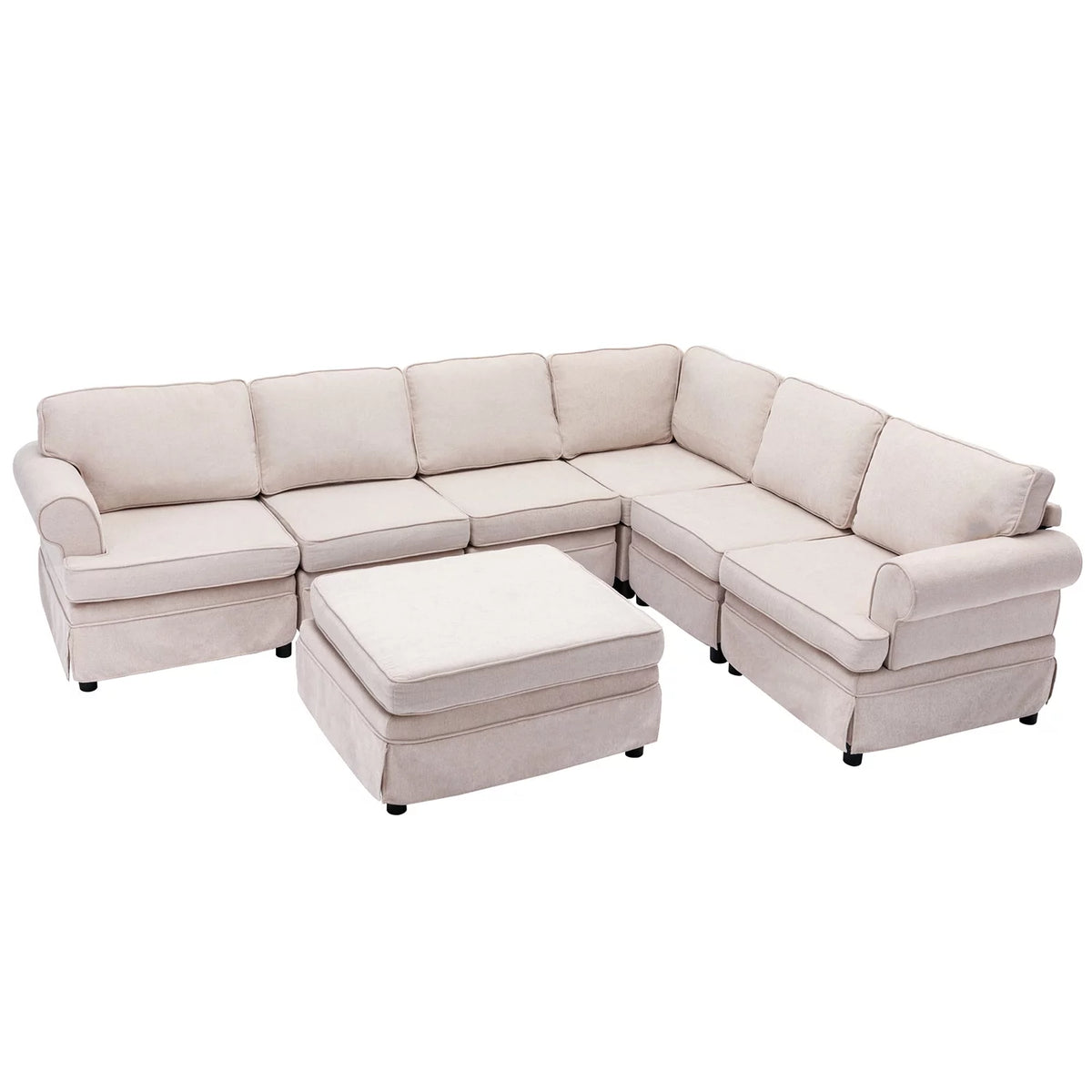 Beige Linen U Shape Convertible Sectional Sofa with Ottoman P49064