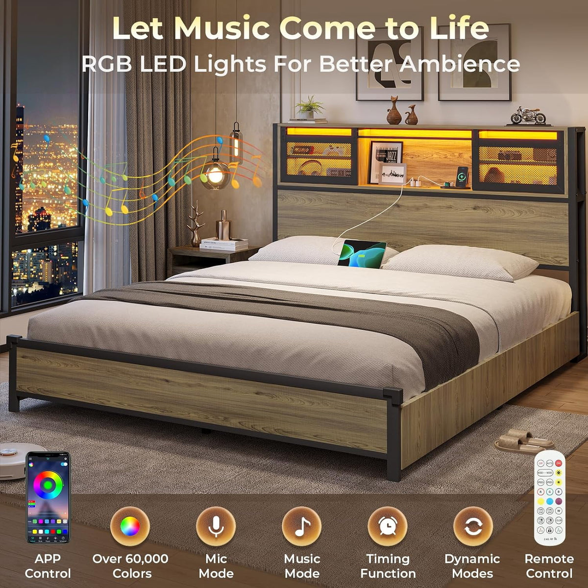 Queen Size Metal Platform Bed Frame with Storage Headboard and 4 Drawers X23921