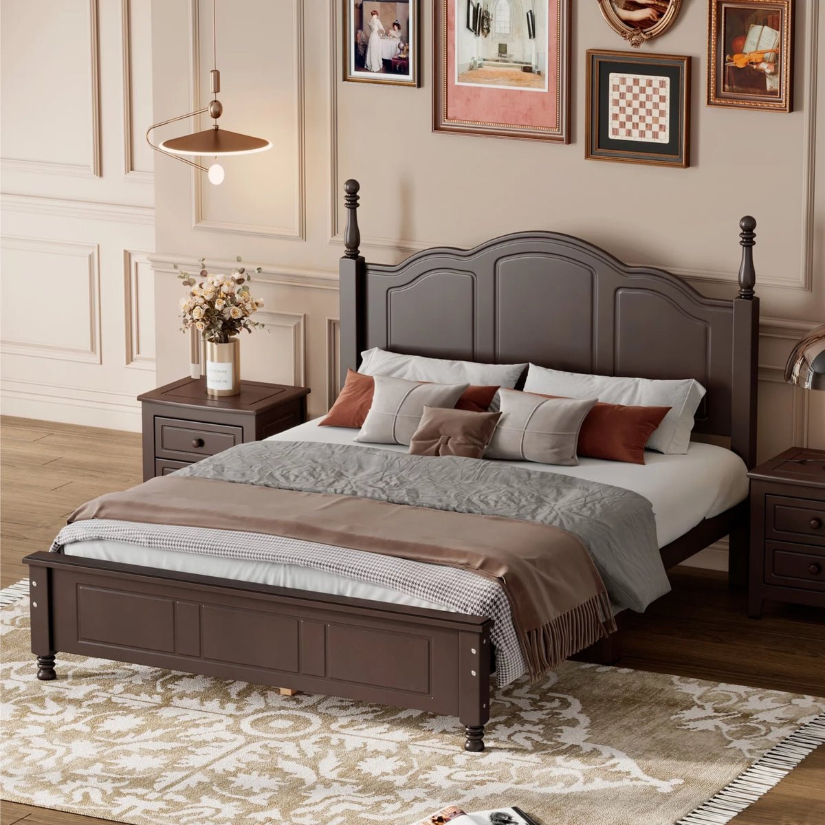 Dark Walnut Wood Full Platform Bed Frame with Headboard and Footboard S942830