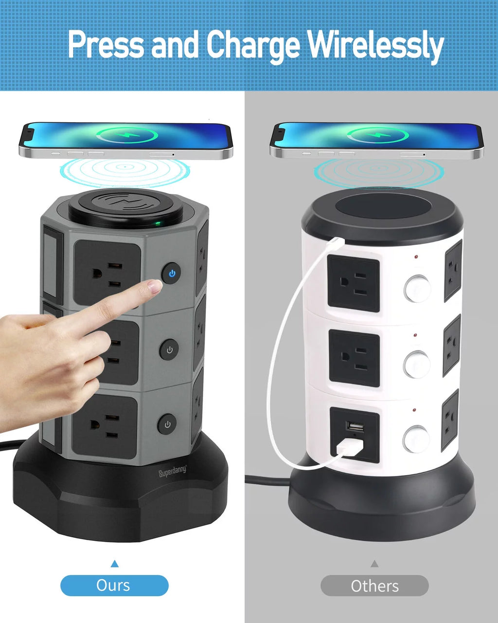 Surge Protector Power Strip Tower with Wireless Charger USB Ports 12 AC Outlet 6.5FT K598