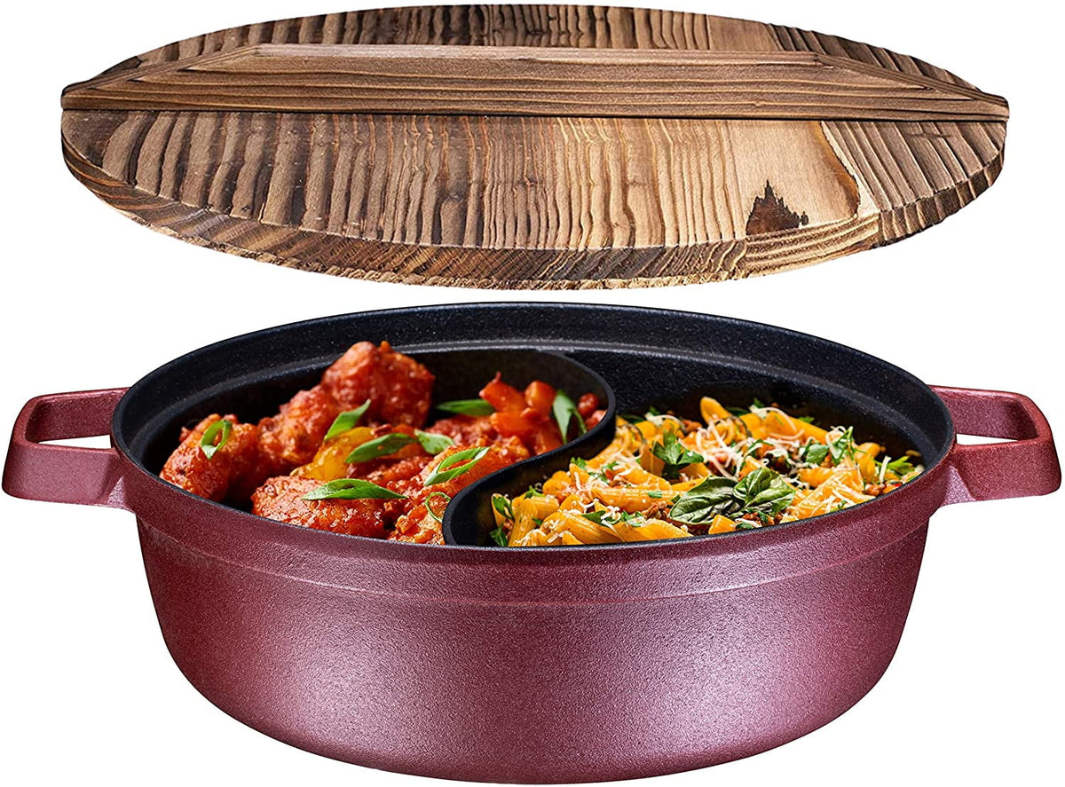 2-In-1 Cast Iron Shabu Shabu Hot Pot with Wooden Lid M218
