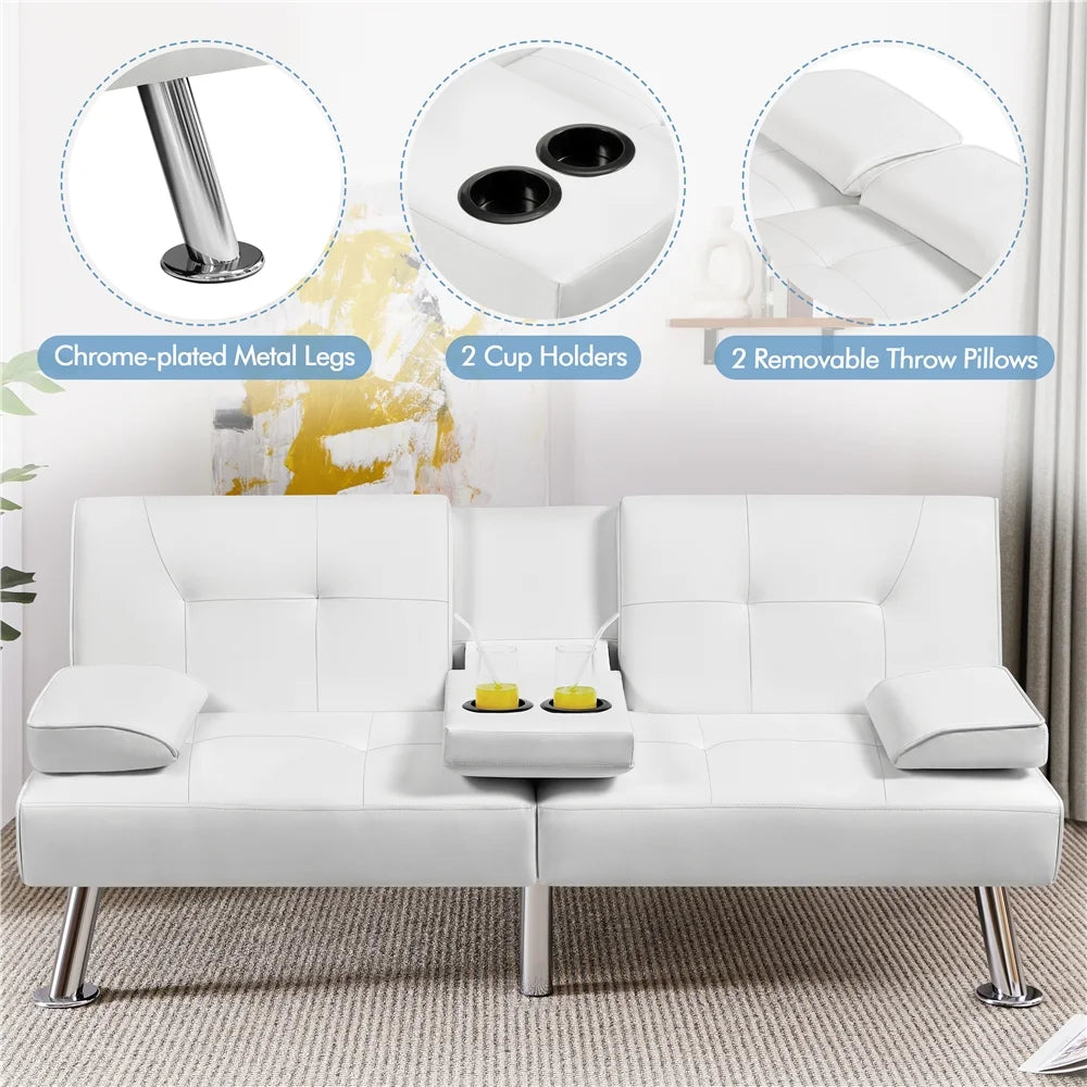 White Faux Leather Futon Sofa Bed with Cup Holders S2753