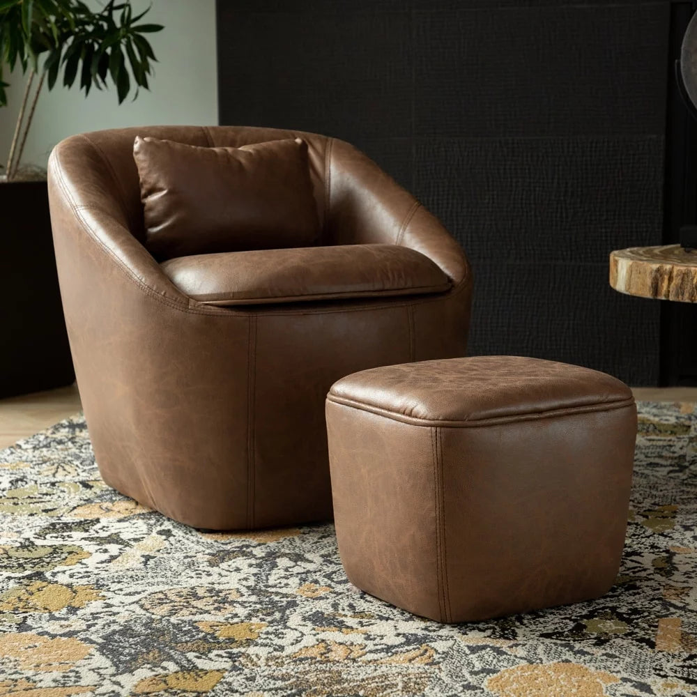 Brown Faux Leather Barrel Chair with Storage Seat and Ottoman O4292