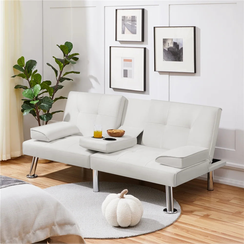 White Faux Leather Futon Sofa Bed with Cup Holders S2753