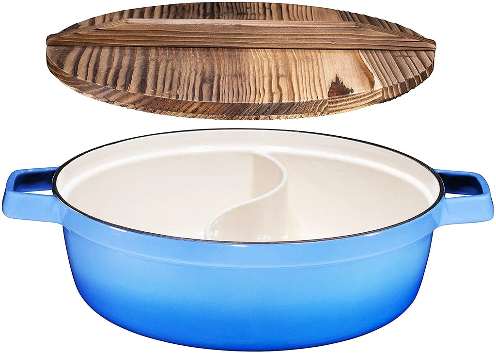 2-In-1 Cast Iron Shabu Shabu Hot Pot with Wooden Lid M218