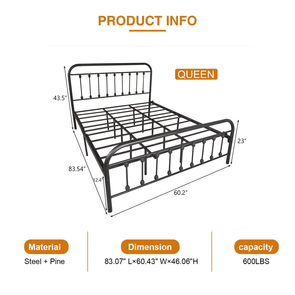Queen Size Black Iron Bed with Headboard and Footboard W65968