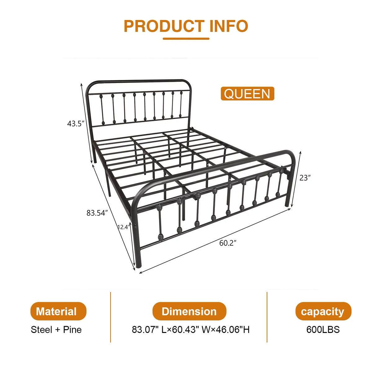 Queen Size Black Iron Bed with Headboard and Footboard W65968