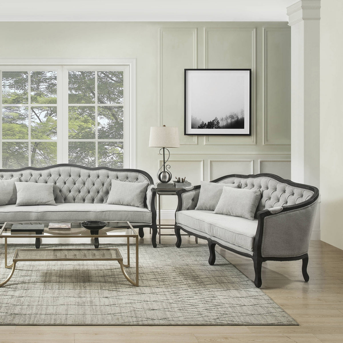 Linen Loveseat with Wooden Leg and 2 Pillows Z4681