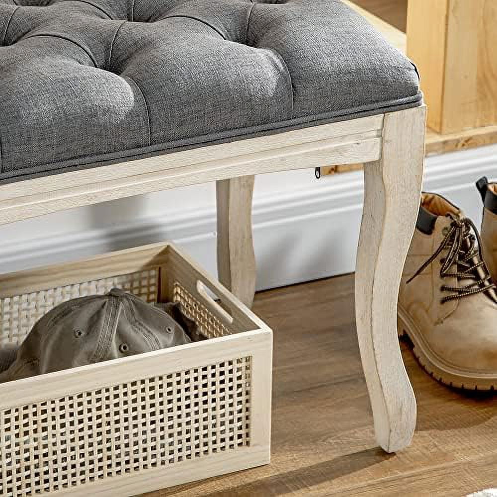 43" Upholstered Linen Fabric Ottoman Bench with Rubber Wood Legs H16903