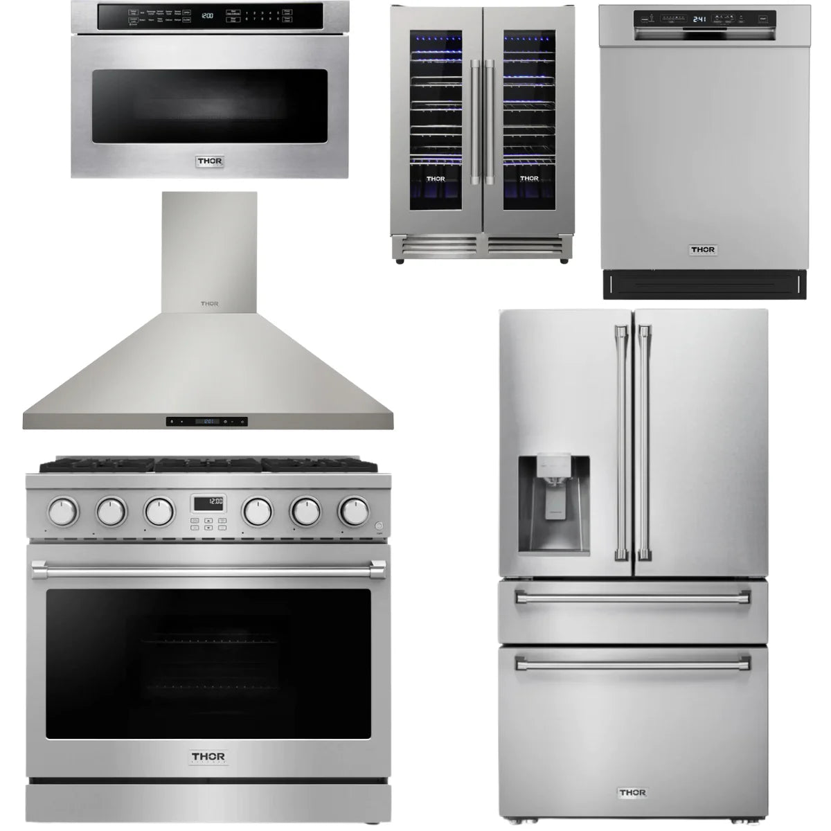 36 Gas Range, Range Hood, Refrigerator, Dishwasher, Microwave and Wine Cooler W99035