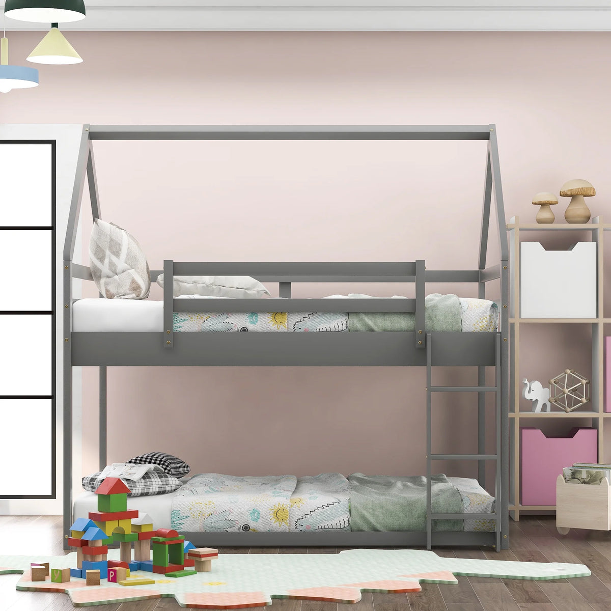 Gray Low Bunk Bed with Ladder O33068