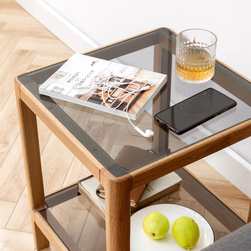 Natural Oak Wood End Table with Tempered Glass J926895