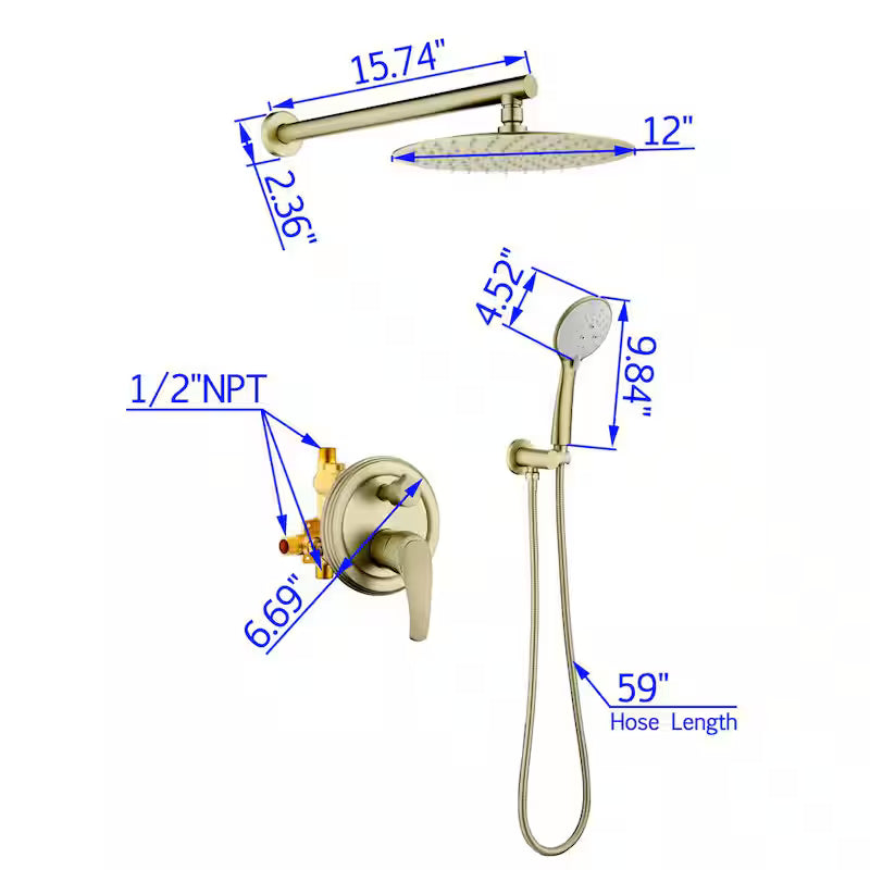 Wall Mount Dual Shower Heads with Valve in Brushed Gold W125