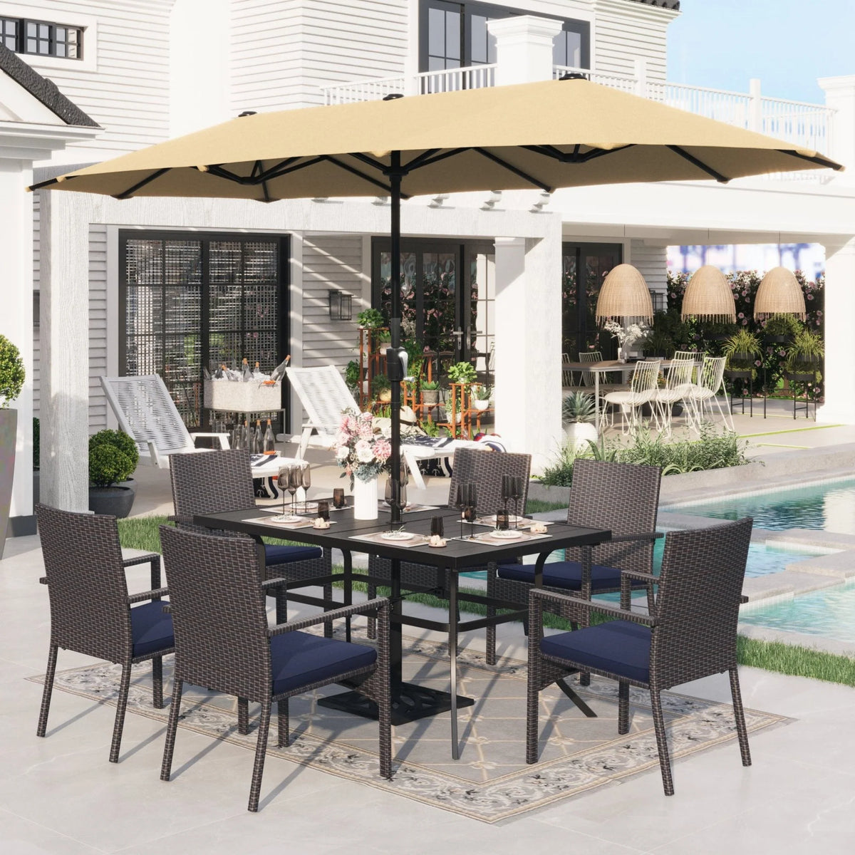 8 Pieces Outdoor Patio Dining Set with Navy Umbrella F119413