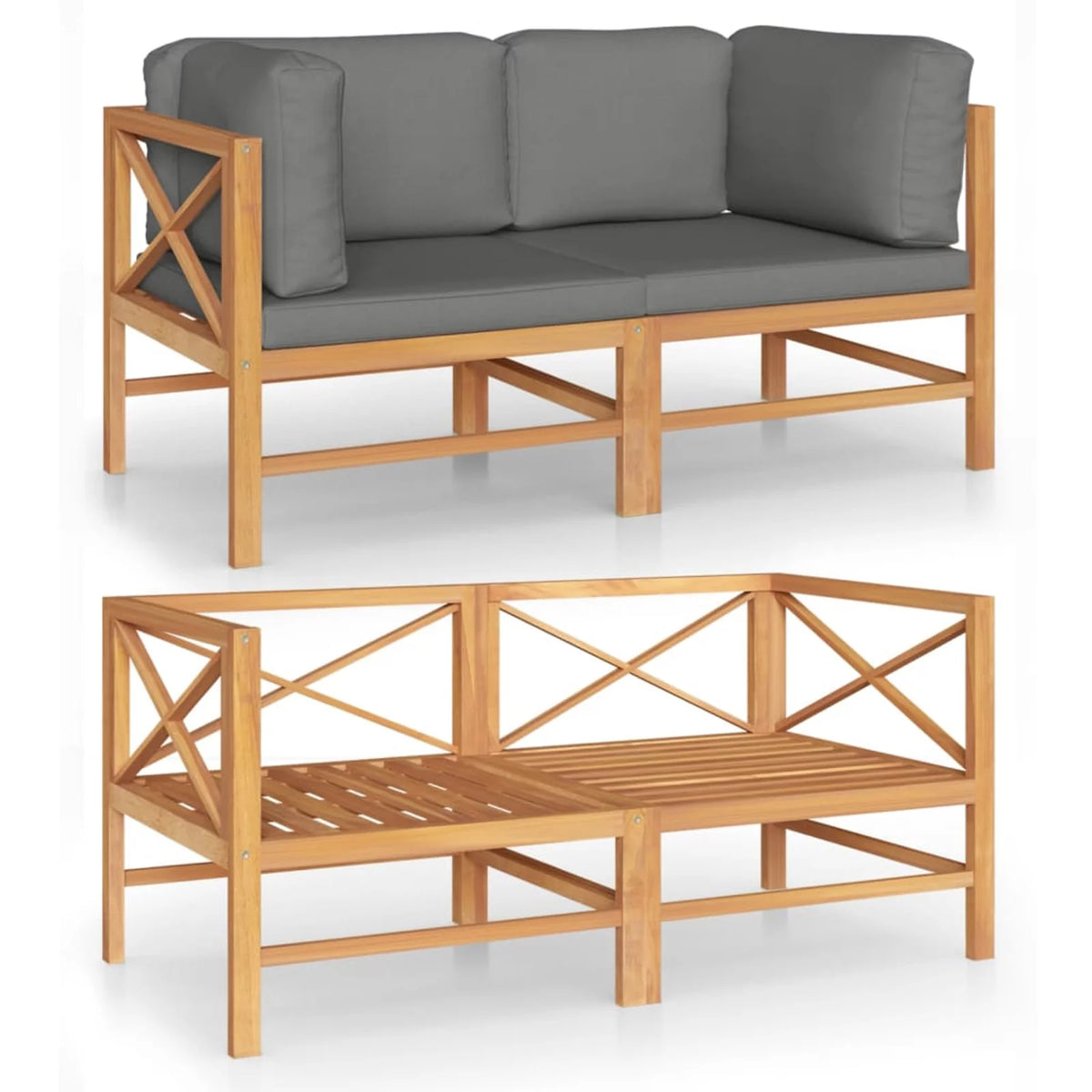 2-Seater Teak Wood Patio Sofa with Gray Cushions X531555