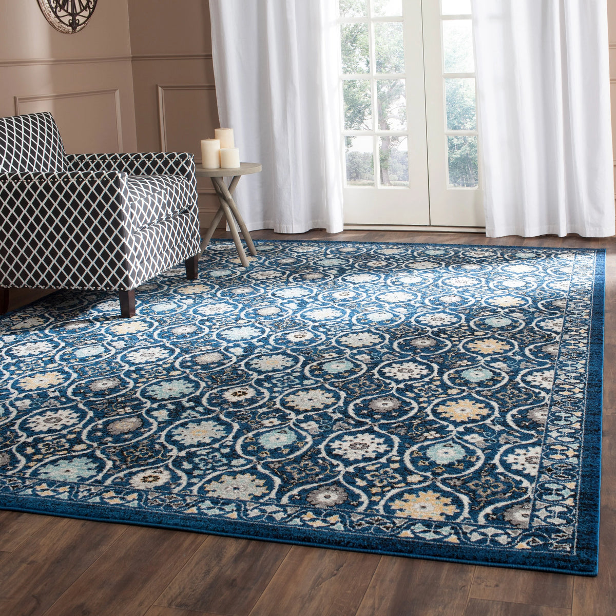 Ivory Blue 8' x 10' Floral Geometric Area Rug T608529