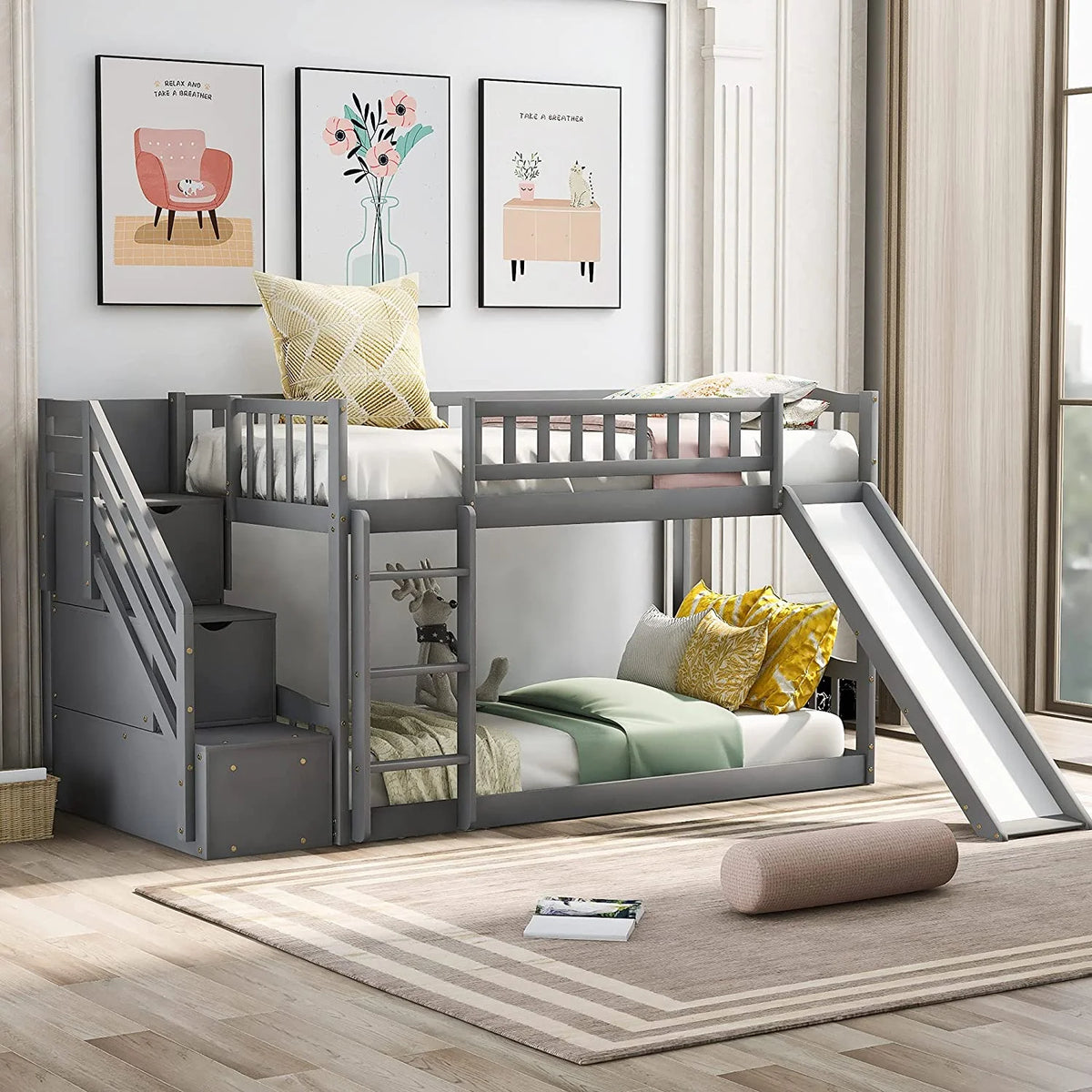 Wooden Bunk Bed with Slide and Guardrail Z9242