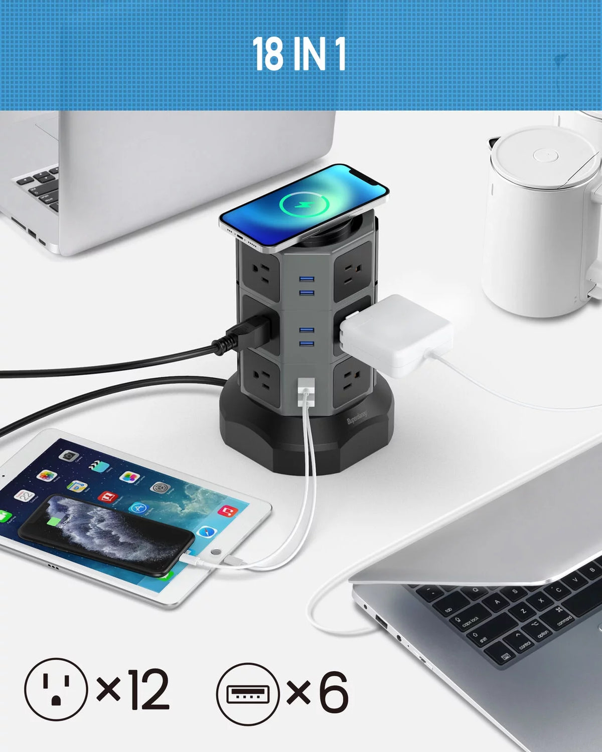 Surge Protector Power Strip Tower with Wireless Charger USB Ports 12 AC Outlet 6.5FT K598