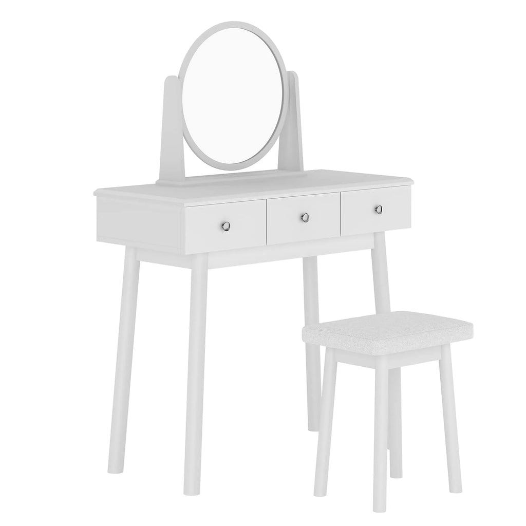 White 3 Drawer Vanity Table Set with Stool and Mirror P173472