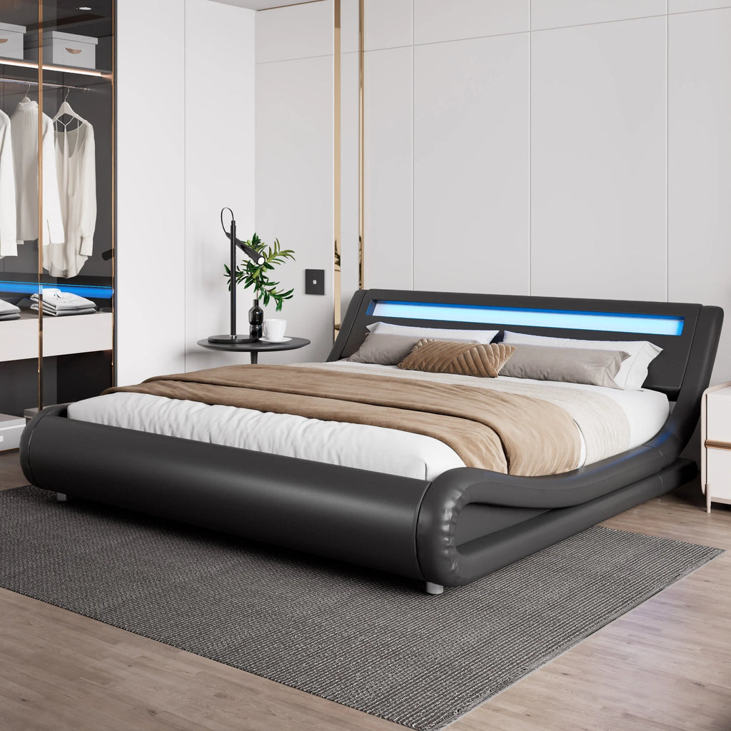 Queen Size Upholstered Bed Frame with LED Headboard, Black J28905