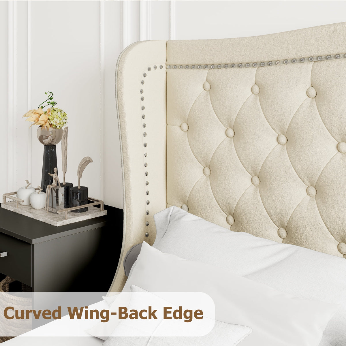 King Bed Frame with Wing-Back Button Tufted Upholstered Headboard R580527