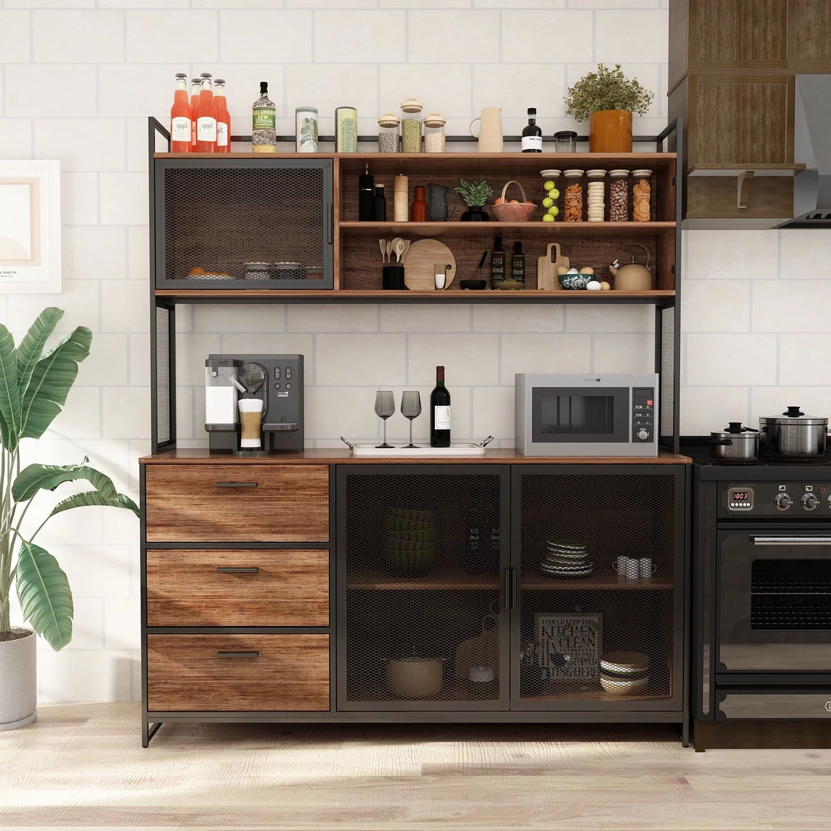 59"W 68.5"H Oak Kitchen Pantry Storage Cabinet with Hutch L748879
