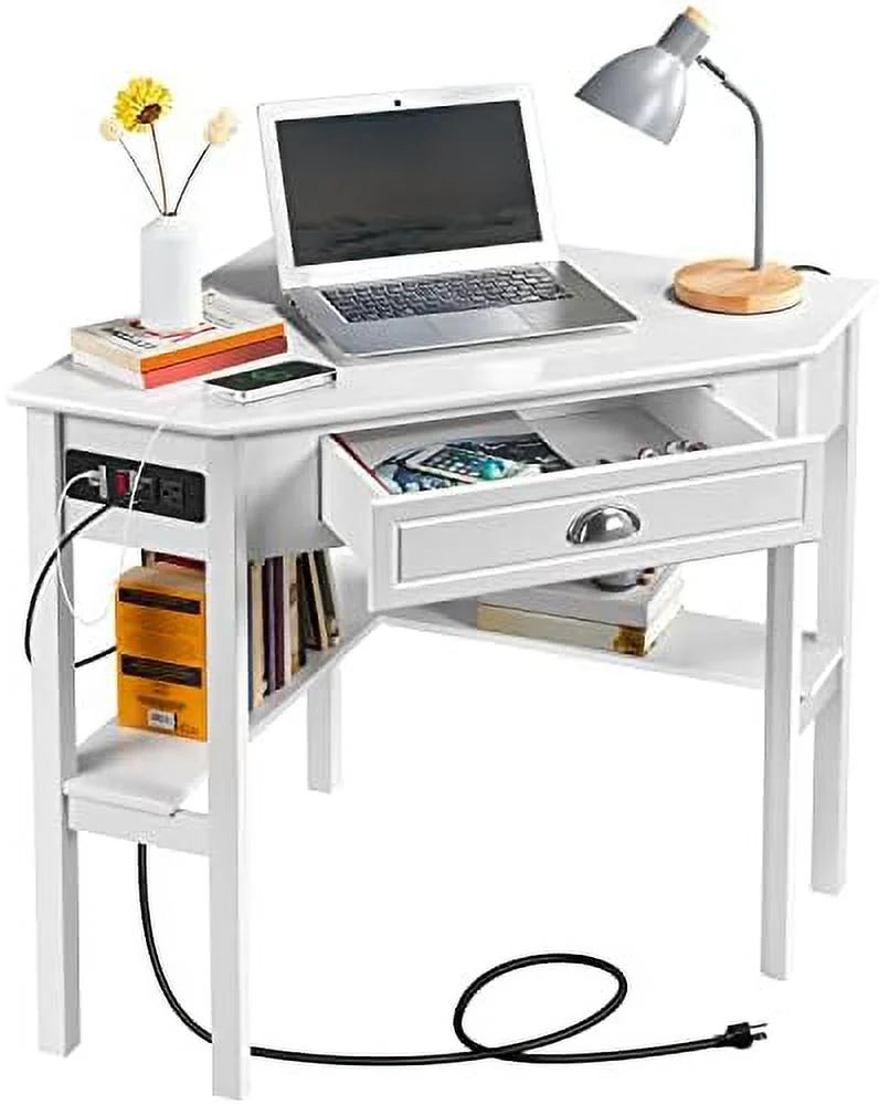 L Shaped Corner Computer Desk with Power Outlets White A7330
