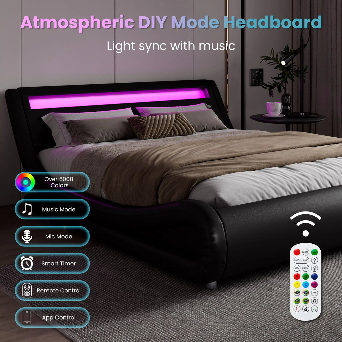 Queen Size Upholstered Bed Frame with LED Headboard, Black J28905