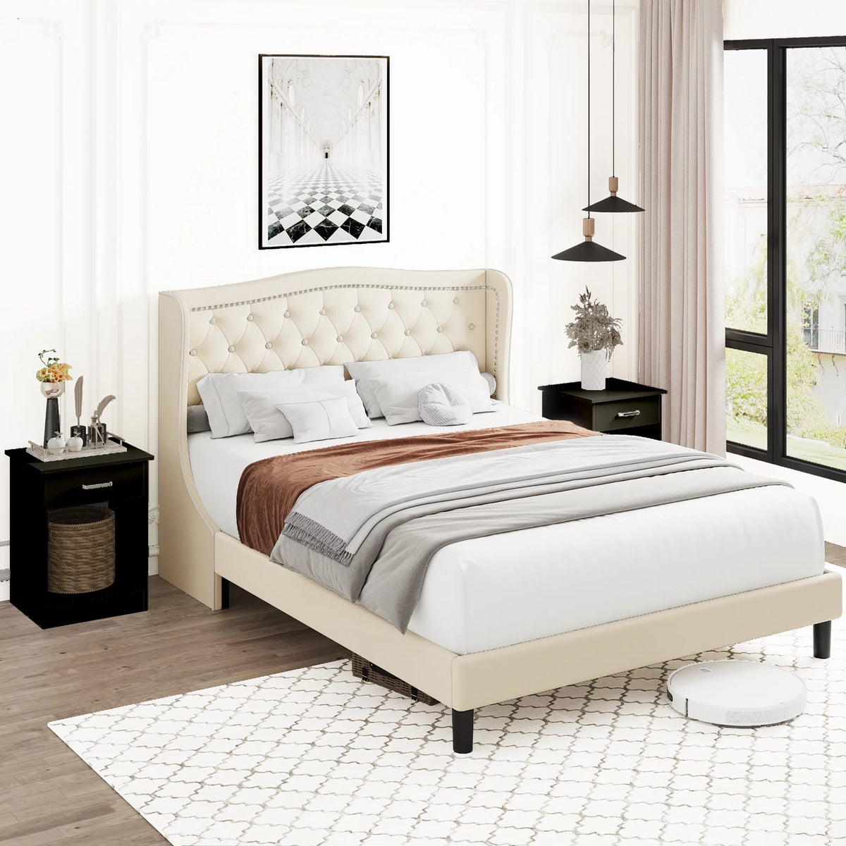 King Bed Frame with Wing-Back Button Tufted Upholstered Headboard R580527