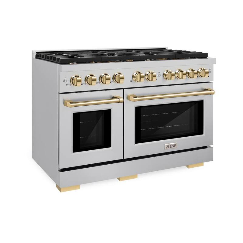 48 in. 8-Burner Freestanding Gas Range and Double Convection Oven in Stainless Steel and Polished Gold S912151