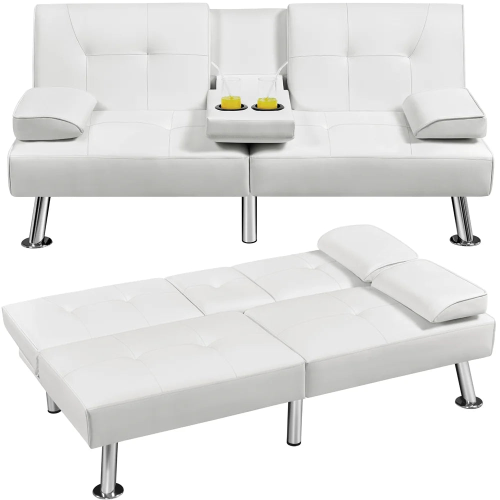 White Faux Leather Futon Sofa Bed with Cup Holders S2753
