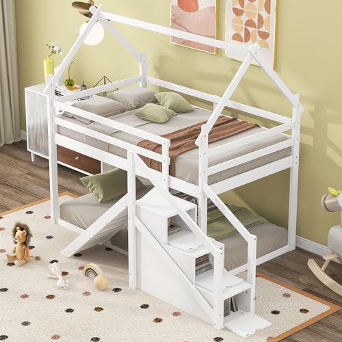 White Twin Over Twin Wood Bunk Bed with Slide and Storage Stairs O7687