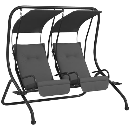Patio Swing Chair with 2 Separate Seats, Removable Canopy and Cup Holders, Gray O69862