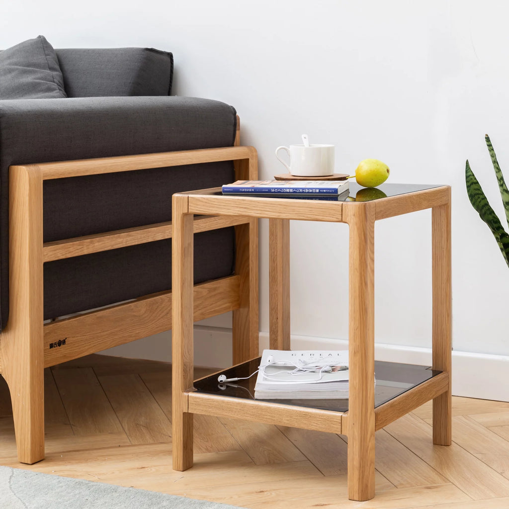 Natural Oak Wood End Table with Tempered Glass J926895