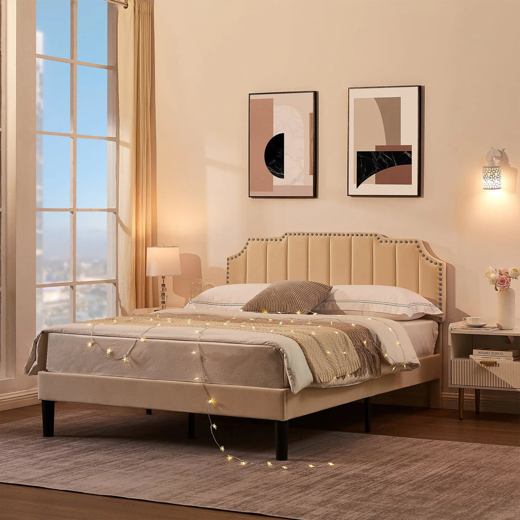 Queen Size Upholstered Platform Bed Frame with Nailhead Trim H33820