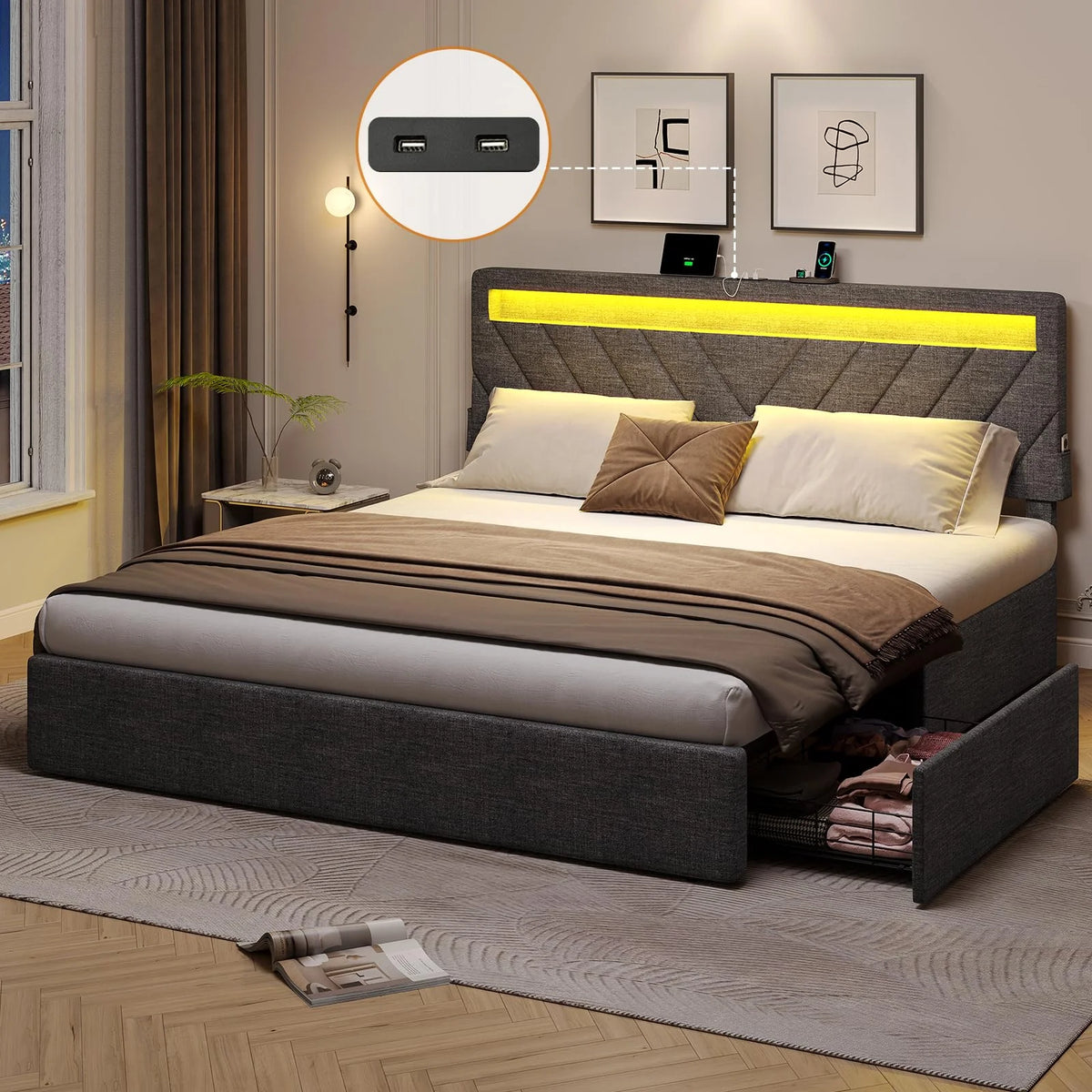 King Size Upholstered Platform Bed Frame with LED Lights K140740