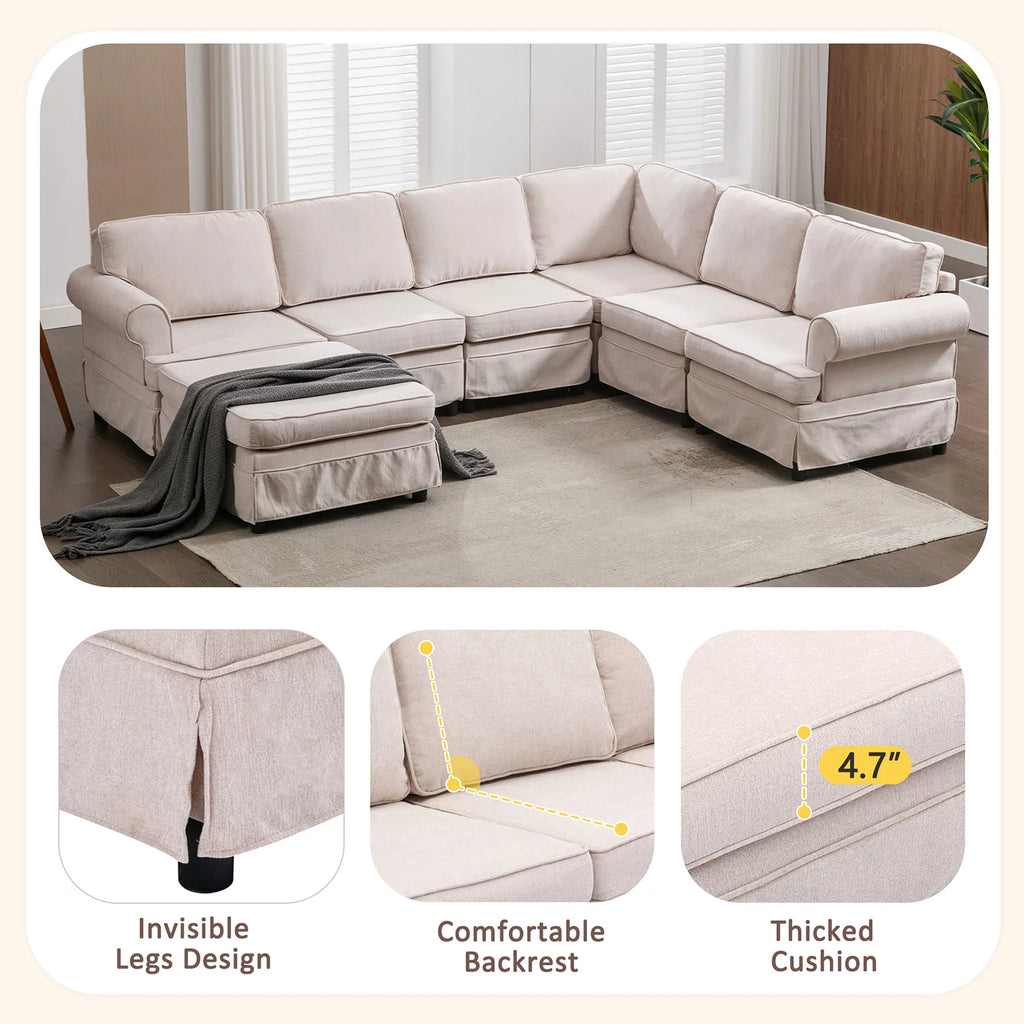 Beige Linen U Shape Convertible Sectional Sofa with Ottoman P49064