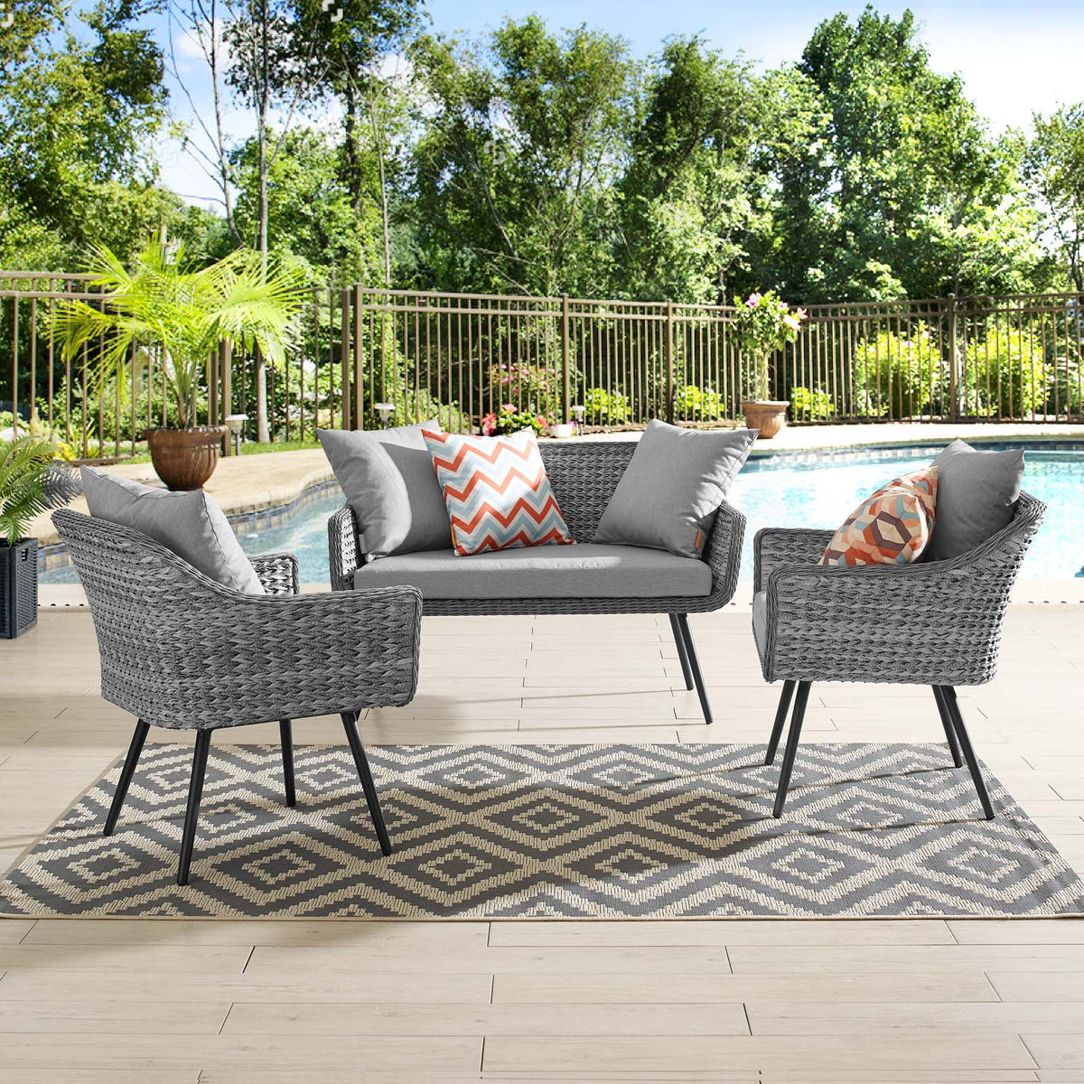 Gray 3 Piece Wicker Rattan Outdoor Loveseat and Armchair Set R534