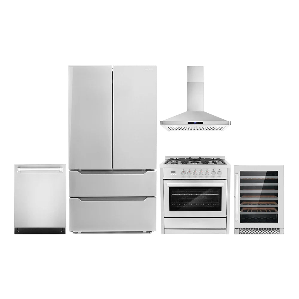 36 Dual Fuel Range, Wall Mount Range Hood, Dishwasher, Refrigerator with Ice Maker and Wine Cooler P429