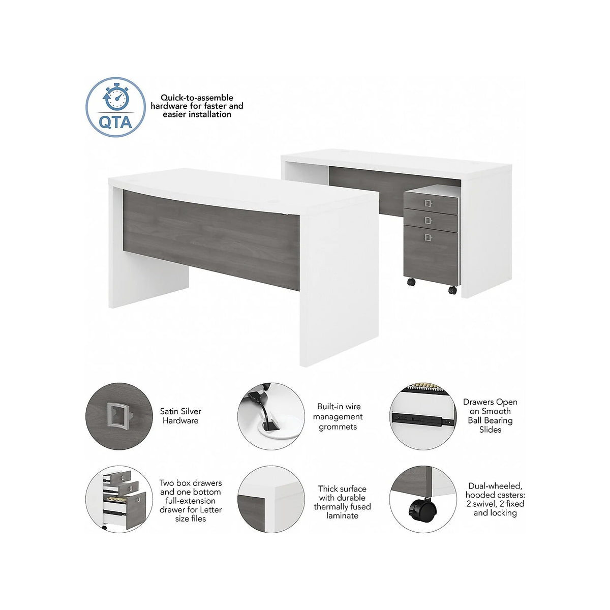Bow Front Desk and Credenza with Mobile File Cabinet H8701