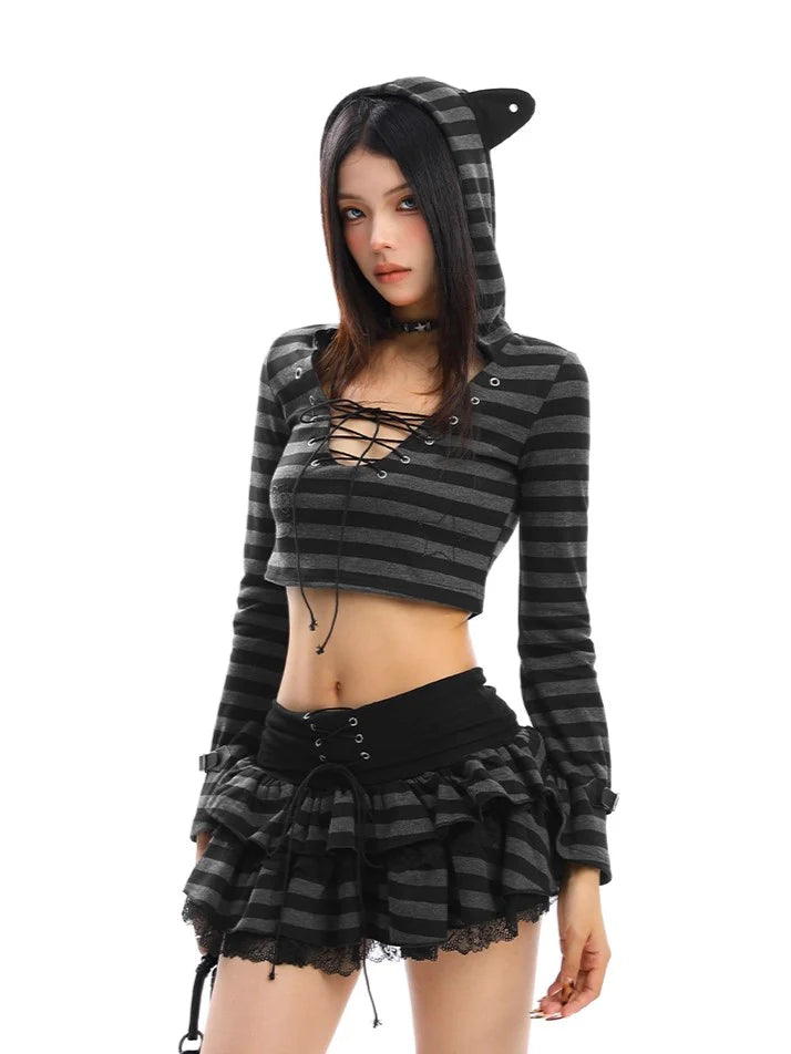 Lace-Up Cat Ear Hoodie & High-Waist Layered Skirt Set H28650