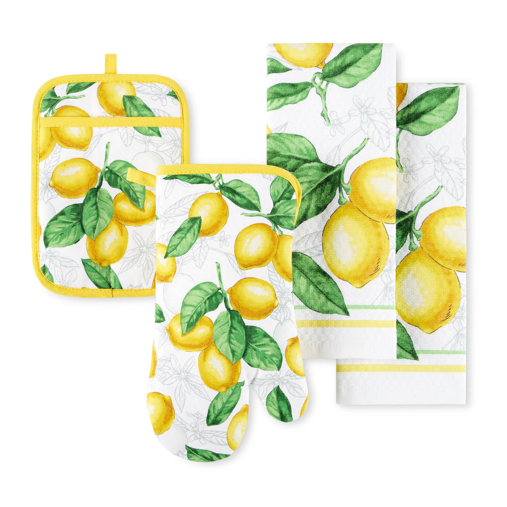 White Yellow Kitchen Towel Oven Mitt Potholder Set 4-Pack K2717
