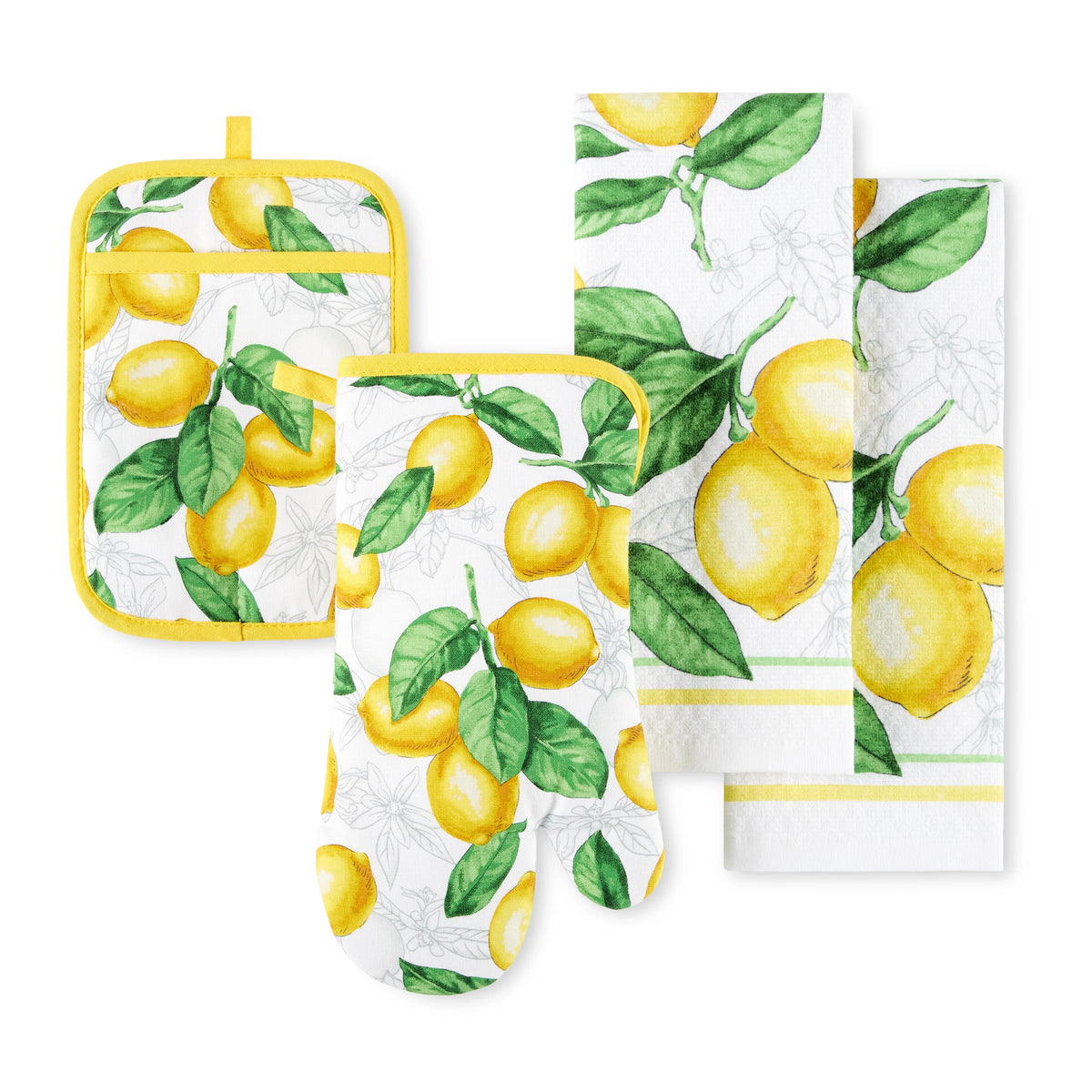 White Yellow Kitchen Towel Oven Mitt Potholder Set 4-Pack K2717