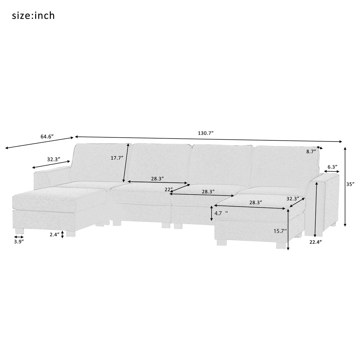 Gray U Shaped 6 Seater Sectional Sofa with Ottomans G407498
