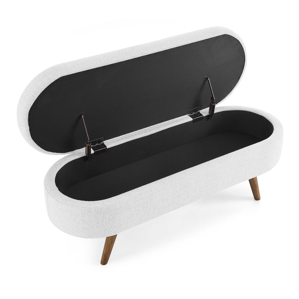 White Oval Storage Ottoman Bench with Rubber Wood Legs I5538