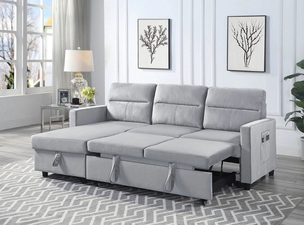 Light Gray Velvet Reversible Sleeper Sectional Sofa with Storage Chaise L3685