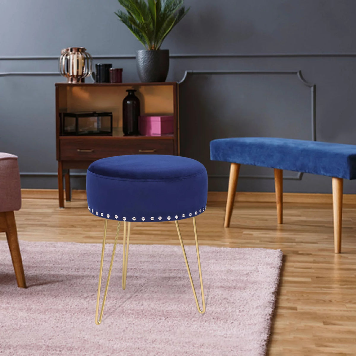 Round Modern Vanity Stool with Golden Metal Leg H7338