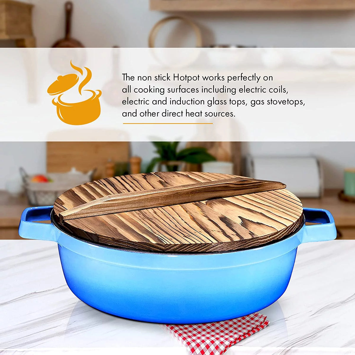 2-In-1 Cast Iron Shabu Shabu Hot Pot with Wooden Lid M218
